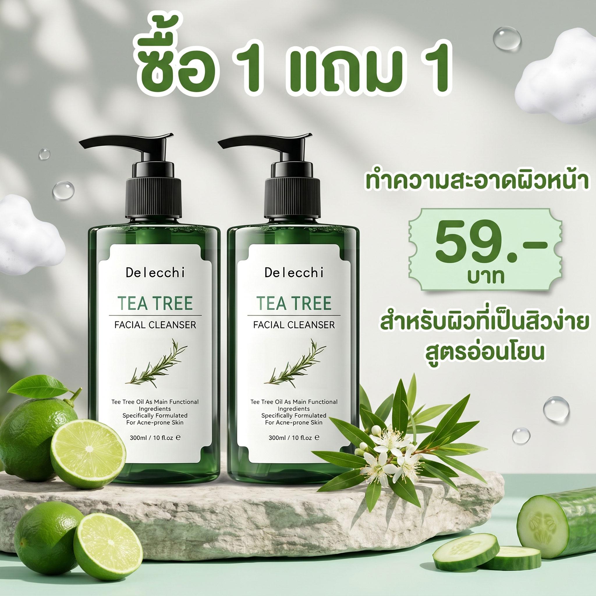 รูปสินค้า 【Buy 1 Get 1 Free】Delecchi Facial Cleansing Foam, Tea Tree Cleanser 300ml, Facial Cleansing Gel, Facial Cleansing Foam f
