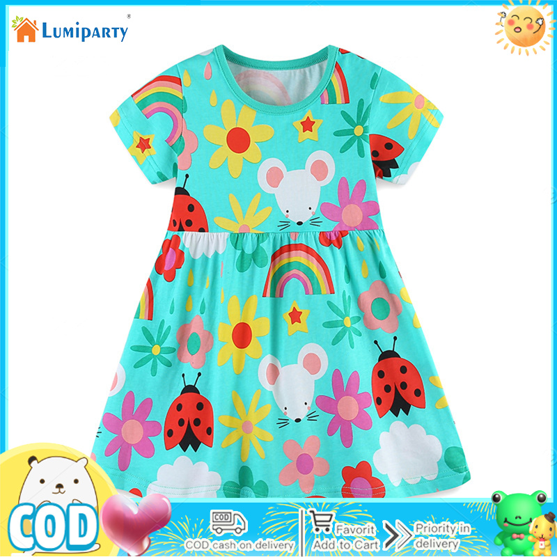 Little Girls Round Neck Dress Short Sleeve Cotton Cartoon Pattern Dress Lightweight Breathable Wear ราคา 209 บาท*ส่งฟรี