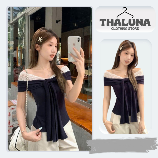 THALUNA - Áo Thun Nữ Cổ Ren Phối Nơ Tay Ngắn Dáng Ôm Trễ Vai Nhẹ Xinh Xắn