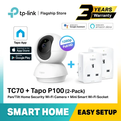 [BUNDLE] TP-LINK Tapo TC70 Pan/Tilt Home Security WiFi Camera + Tapo P100 (2-pack) Mini Smart WiFi Socket