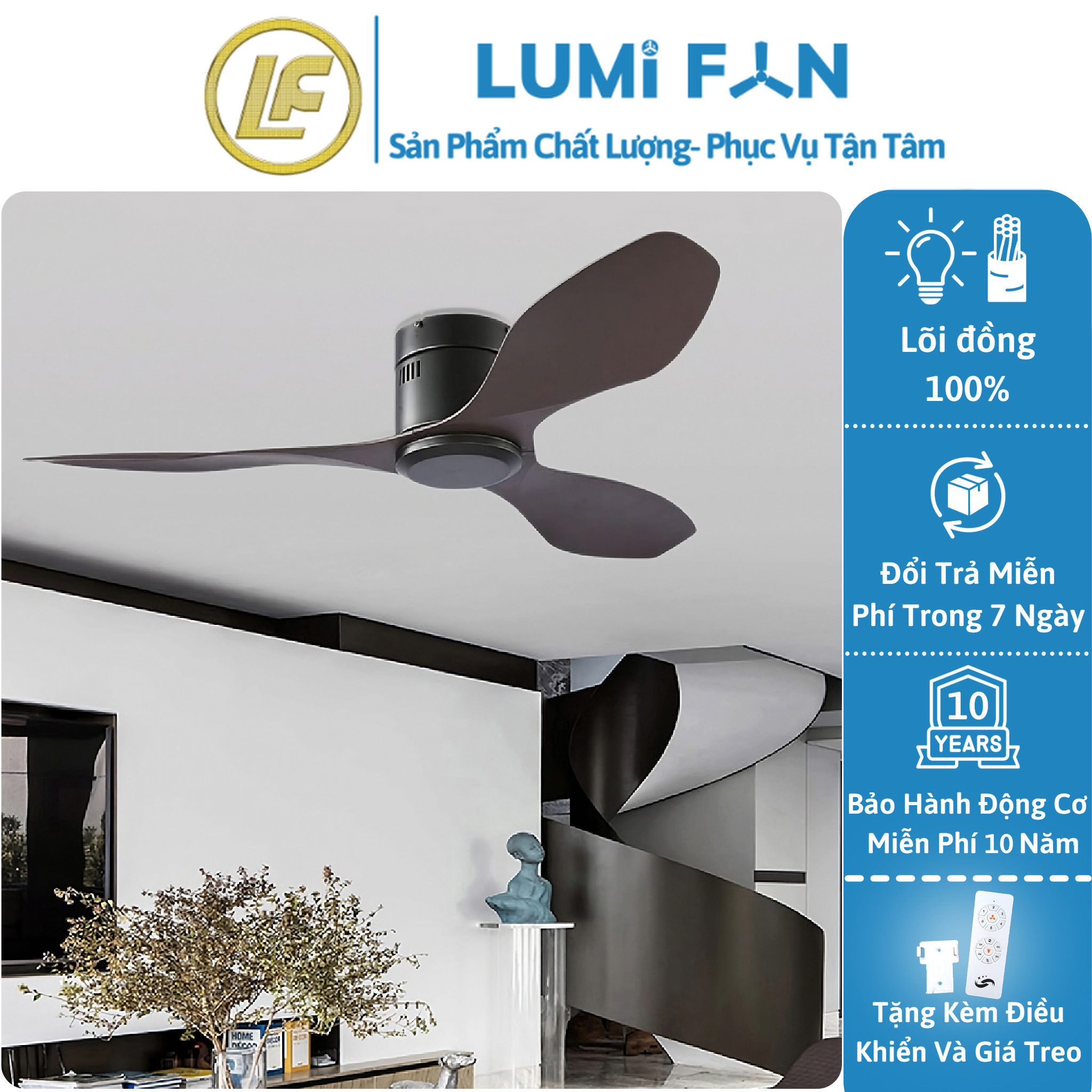 Quạt đèn trần trang trí lumifan, sải cánh 122cm, quạt trần đèn decor, quạt trần trang trí, bh 10 năm, mã 48hz-013