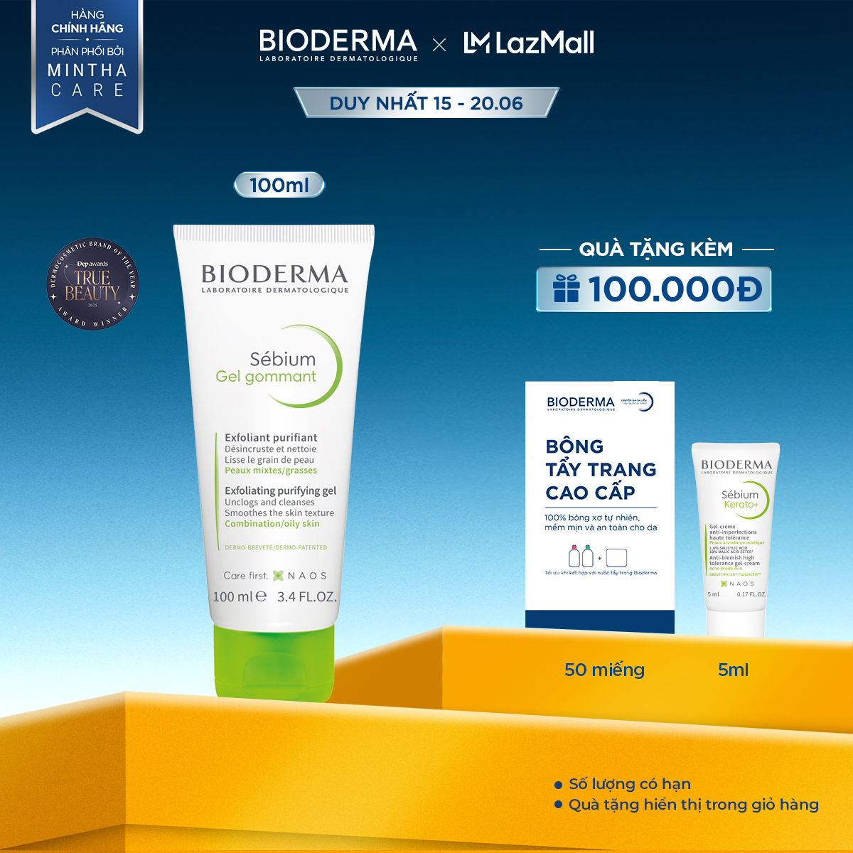 Gel tẩy tế bào chết làm mịn da cho da hỗn hợp và da dầu Bioderma Sebium Gel Gommant - 100ml