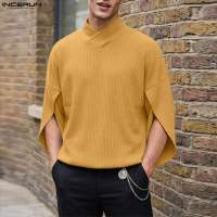 INCERUN T-shirts For Men Cross-Design Knit Textured Ribbed 3/4 Sleeve Western Style Blouses #0126