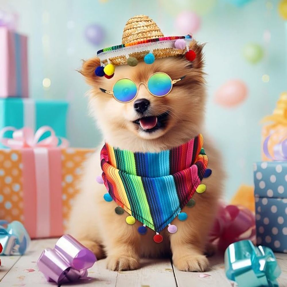 EMERRY Nhiều màu sắc Mũ và khăn cho thú cưng Phong cách Mexico có kính Khăn quàng cổ cho chó Phụ kiện cho mèo Có thể điều chỉnh Yếm cho thú cưng Ngỗng trắng lớn trang trí