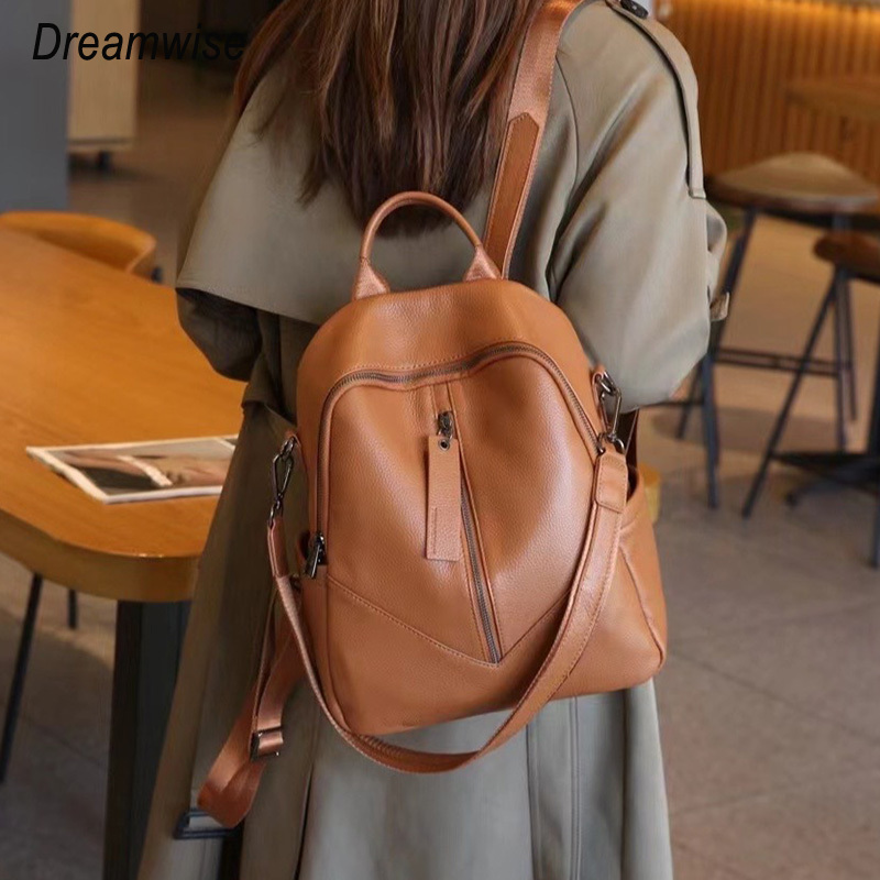 Dreamwise Zipper Backpacks for Women Genuine Cow Leather Fashion Large Capacity Shoulder Bag Ladies Commuter Handbag 8539 - ยี่ห้อ Dreamwise ราคา 1,476 บาท*ส่งฟรี