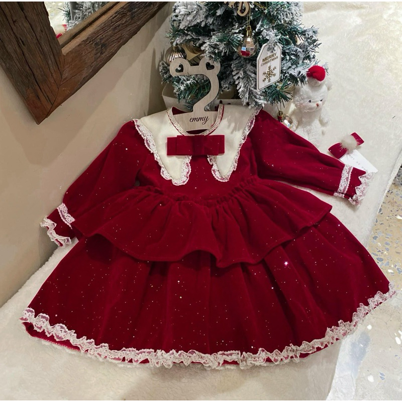 Váy đầm bé gái CS633 Váy noel nhung nhũ đỏ kèm kẹp tóc cho bé mặc giáng sinh