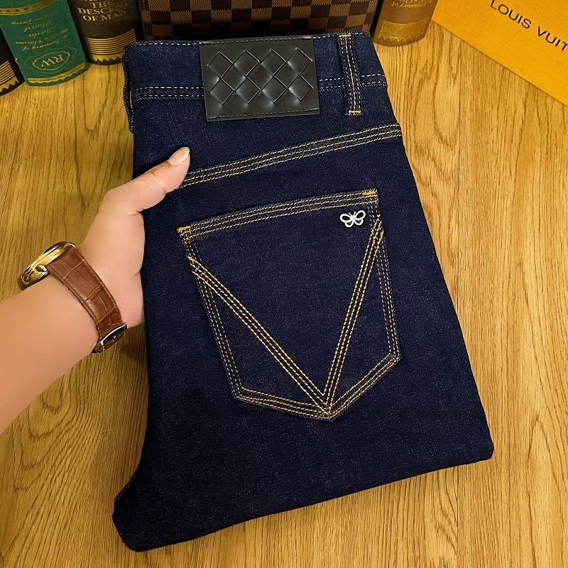 Quần jean nam mỏng Mùa Hè Phong cách hợp thời trang thương hiệu thêu màu xanh dáng ôm co giãn quần bó