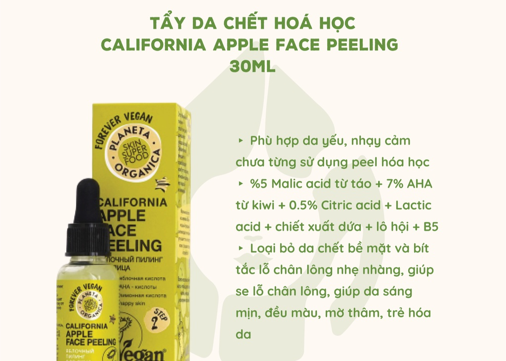 Tẩy da chết hoá học Planeta Organica California Apple Peeling nhẹ nhàng loại bỏ da chết, làm da láng mướt - SẢN PHẨM RẤT ĐƯỢC ƯA CHUỘNG TRÊN THỊ TRƯỜNG KHÁCH YÊU TRẢI NGHIỆM THỬ NHÉ SẢN PHẨM TỐT CHẤT LƯỢNG CAO