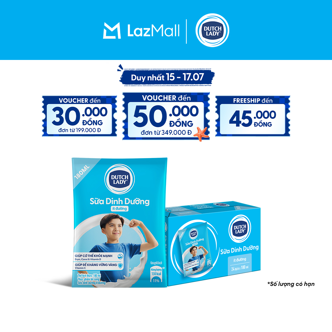 Thùng 24 Bịch Sữa Tươi Dinh Dưỡng Ít Đường Dutch Lady 180ml (24x180ml)