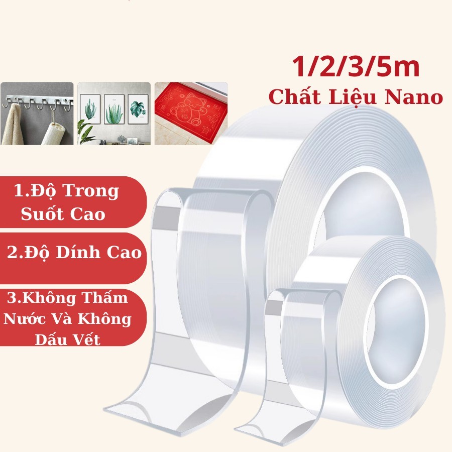 Băng Dính 2 Mặt Siêu Dính Trong Suốt JYoohome Băng Keo Nano 3M 5M Dán Tường Đồ Dính Trên Mọi Bề Mặt JSC