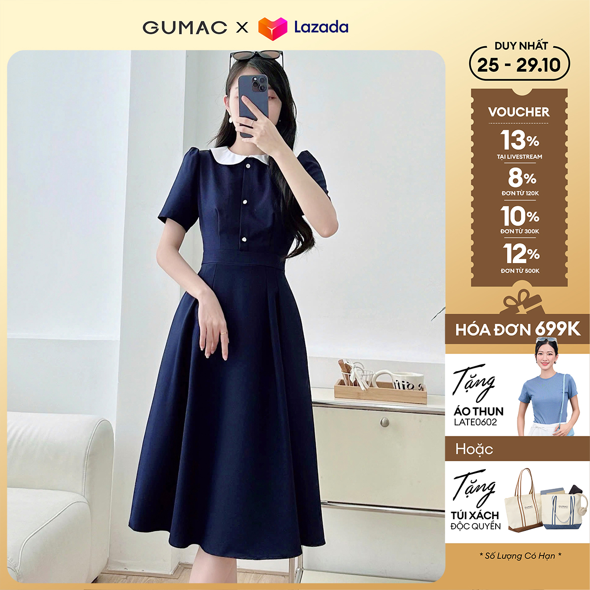 Đầm nữ cổ phối thời trang GUMAC LDE0821