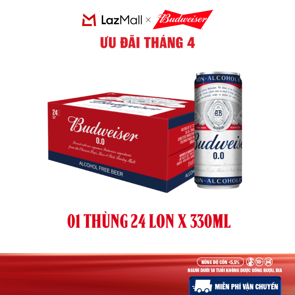 [MỚI] Thùng 24 Lon Bia Budweiser Không Độ Cồn Chính Hãng (330ml/ lon)