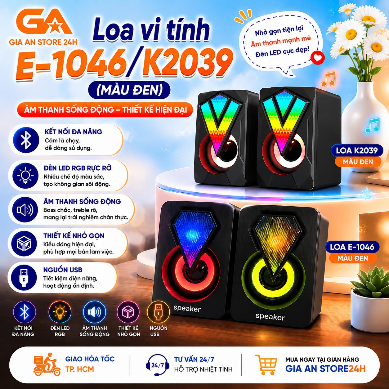 Loa Vi Tính 2.0 Mini E-1046/K2039 có LED RGB Loa Để Bàn Có Dây