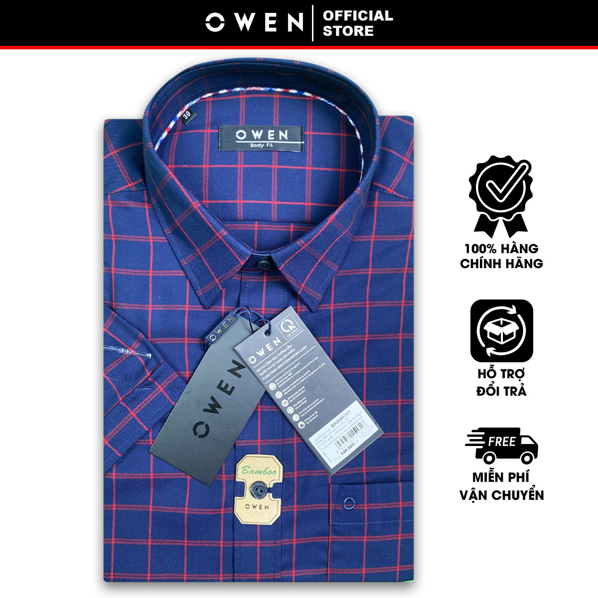 OWEN SALE - Áo Sơ Mi Owen Tay Ngắn Màu Navy - Đỏ  Họa Tiết Caro Form Body Fit Lai Ngang Chính Hãng