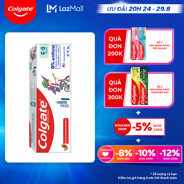 [Ưu đãi 20H 24.8 - 29.8_Áp voucher Colgate 5% + voucher LZD 8%]Kem đánh răng Colgate Kid Free From dành cho trẻ em 6-9 tuổi không hương liệu và chất bảo quản 80g