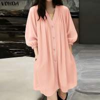 Vonda phong cách Hàn Quốc thời trang nữ v-cổ váy tay áo lửng voan nút lên Váy Xếp Li #0406