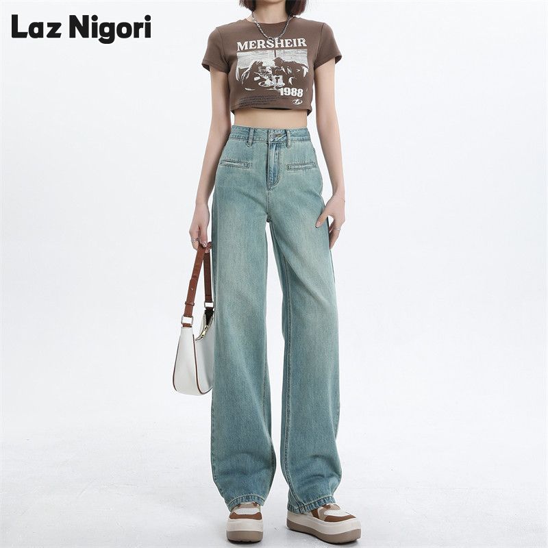 Laz Nigori High-Waist Wide-Leg Jeans with Vintage Wash and Zipper Closure ราคา 446 บาท*ส่งฟรี