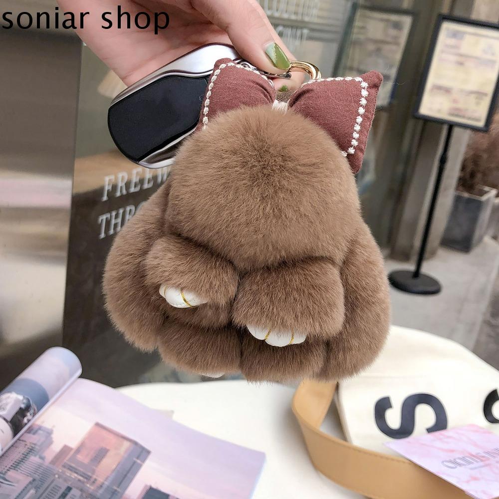 SONIAR Lông mịn Móc khóa lông thỏ Nơ Dễ thương Móc chìa khóa hình thỏ sang trọng Dễ thương Charm túi Móc Khóa Búp bê thỏ Móc chìa khóa xe hơi