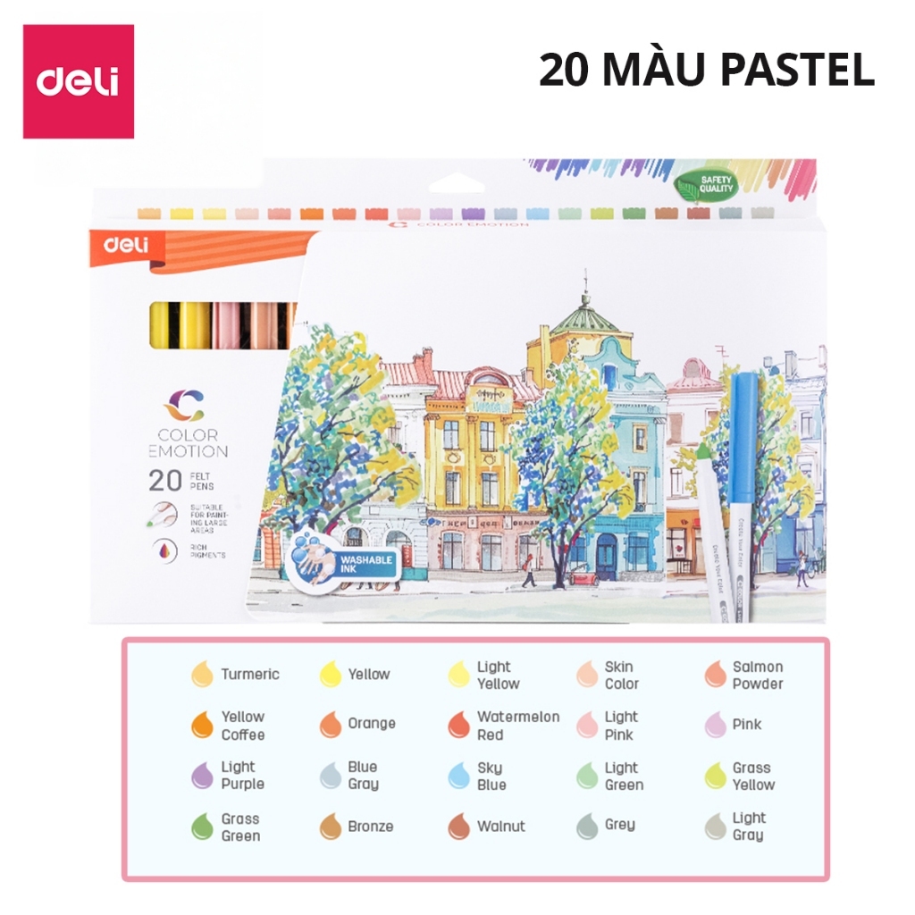 Bút Lông Màu Fiber Pen Deli 20/36 Màu - Màu An Toàn Có Thể Rửa Được Tô Màu Vẽ Tranh Đi Nét Học Sinh