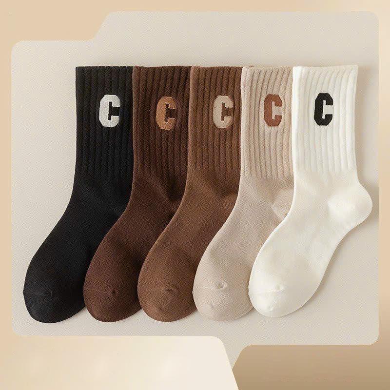 Set 10 Đôi Tất Cổ Cao Nữ Họa Tiết Chữ C Vỡ Cổ Cao Họa Tiết Chữ C Vải Cotton Mềm Mịn