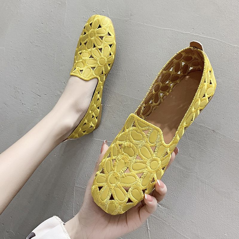 Square Toe Shoes 2023 Summer New Embroidered Hollow Women's Shoes Flat Bottomed Bean Shoes - 5