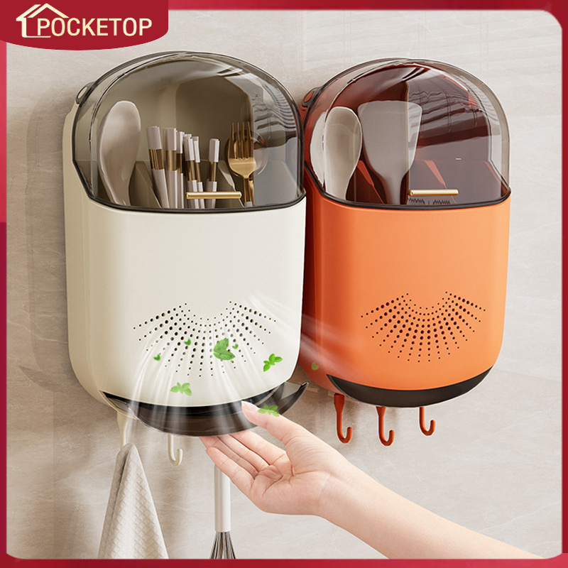 POCKETOP Hộp đựng nĩa muỗng gắn tường, hộp đựng dao kéo, hộp đựng đũa, không cần khoan tươi, tiện lợi để cất giữ, khay đựng nước, chống bụi, chống ẩm, Hộp đựng thìa, hộp đựng dao kéo