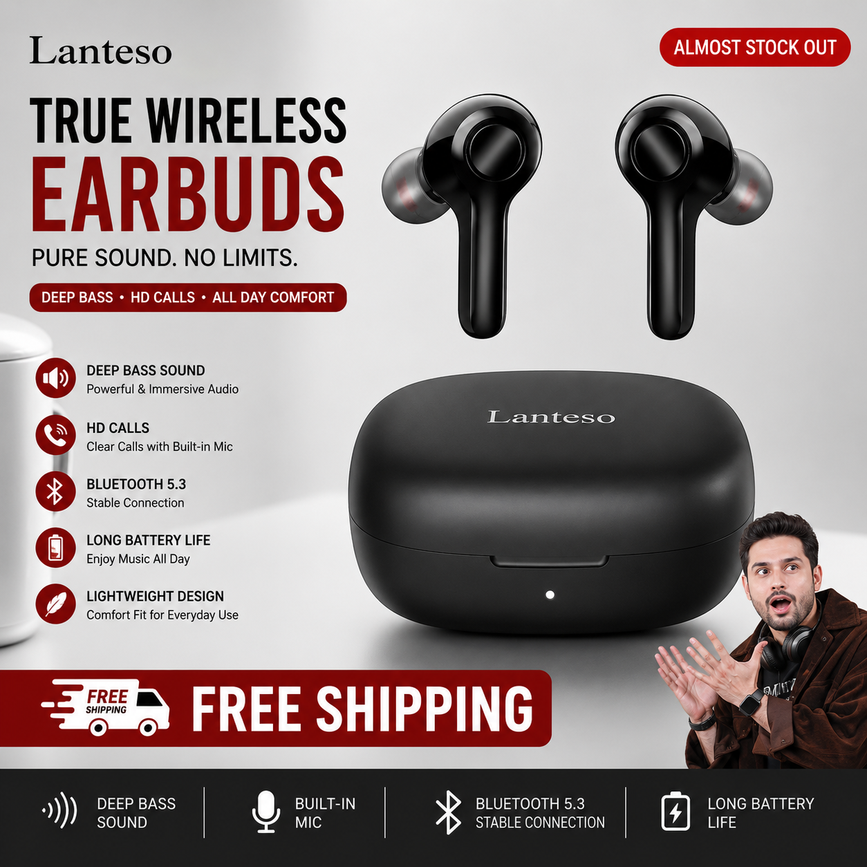 Lanteso True Wireless Earbuds, TWS Bluetooth Earbuds with Mics Clear Call Touch Control Bluetooth Headphones with Bass Sound in Ear Earphones for Music,Home Office price in Pakistan
