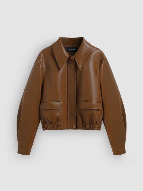 Cider Faux Leather Collar Solid Pocket Oversized Jacket ราคา 2,620 บาท*ส่งฟรี