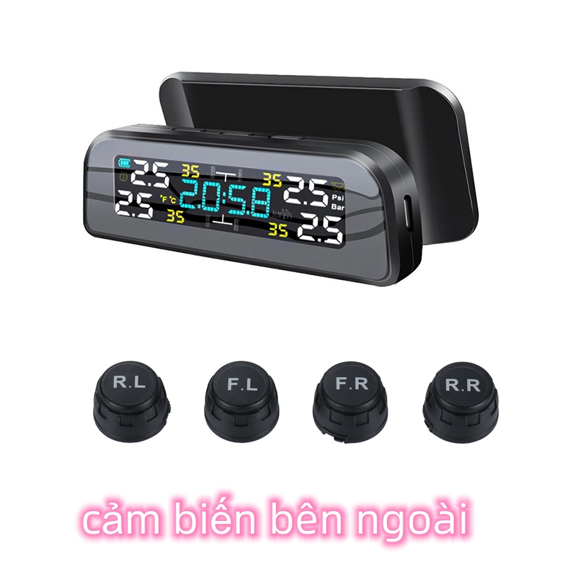 Cảm biến áp suất bánh xe đa năng Hệ thống giám sát áp suất lốp không dây TPMS Đồng hồ năng lượng mặt trời Màn hình LCD 4 cảm biến bên ngoài Cảm biến áp suất lốp Giám sát áp suất lốp không dây Cảm biến áp suất bánh xe