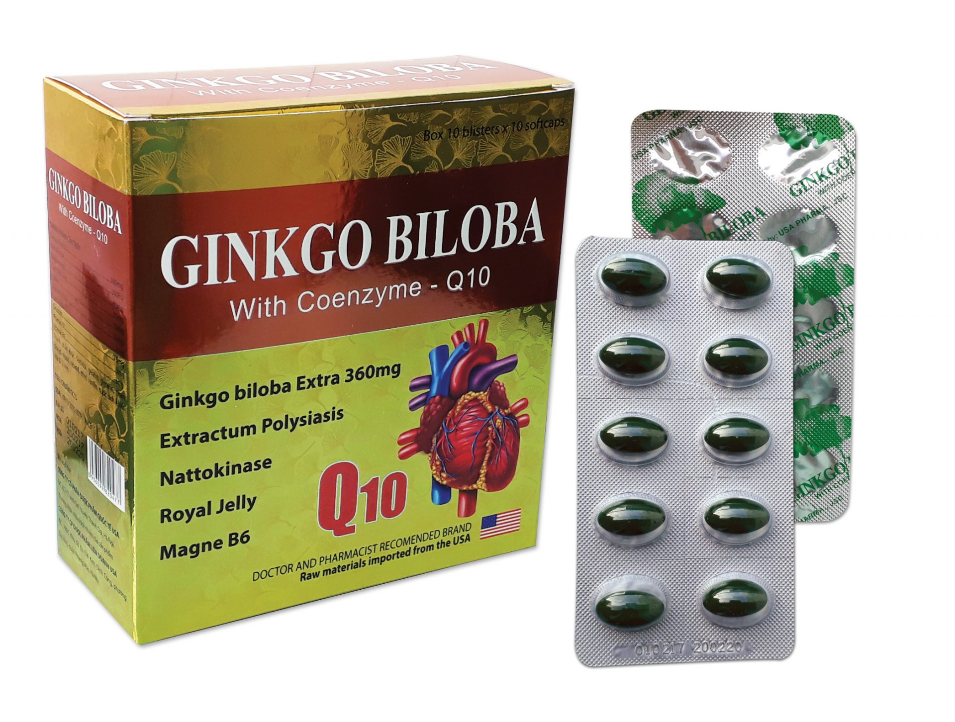 Ginkgo Biloba - Coenzym Q10 - Hộp 100 viên nang mềm - Ginkgo 360mg