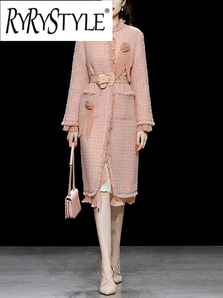 RYRYSTYLE fashion women's woolen coat belt Thickening for warmth full sleeve patchwork 3D flower windbreak autumn 2023 new - ยี่ห้อ RYRYSTYLE ราคา 9,229 บาท*ส่งฟรี