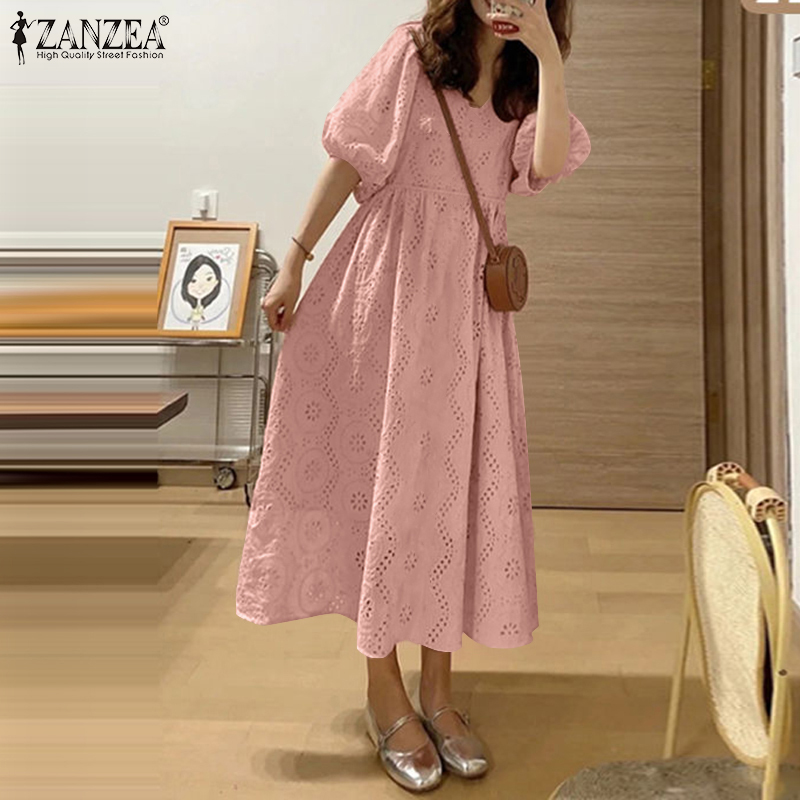 ZANZEA Korean Style Womens Fashion V Neck Hollow Lace Crochet Dress Mid Sleeve Midi Solid Color Dresses #0310 ราคา 492 บาท*ส่งฟรี
