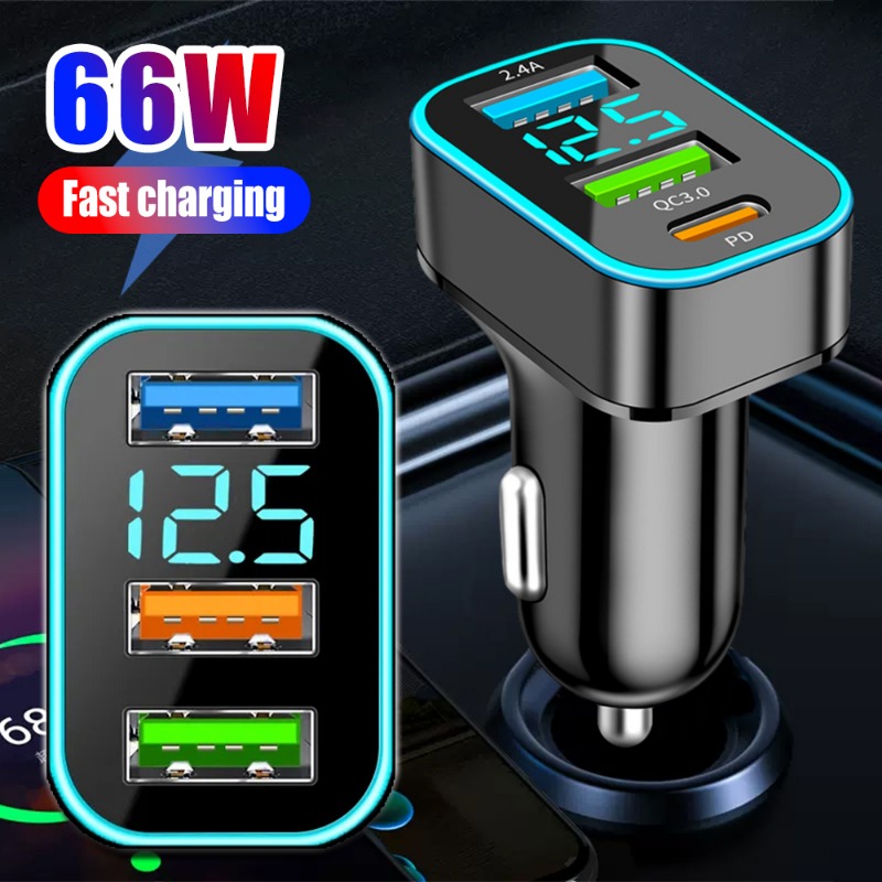 66W QC3.0 PD sạc điện dùng trên xe hơi vuông 3 Cổng Bật lửa USB sạc nhanh tự động Bộ chuyển đổi sạc 