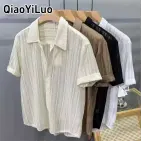 QiaoYiLuo Nam mùa hè Áo sơ mi Hawaii thoáng khí mỏng Áo có tay ngắn rỗng
