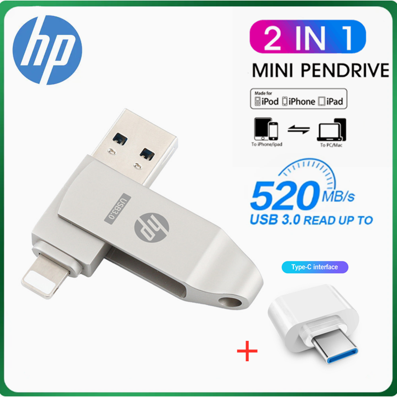 HP Sét Ổ USB Flash 2-Trong-1 Ổ Đĩa Flash 1Tb 2Tb thẻ nhớ OTG Cho iPhone Với TYPE-C Adapter Android
