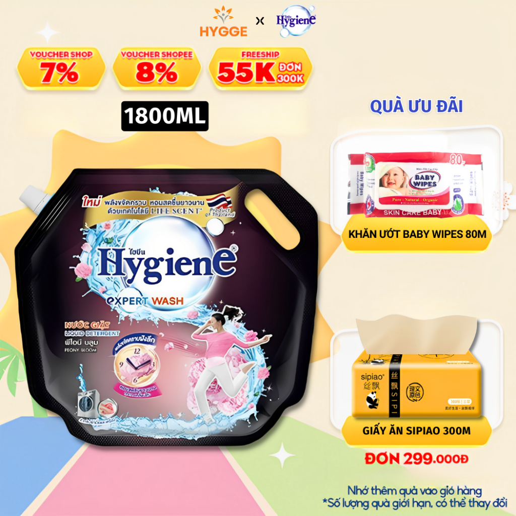 Nước giặt hygiene giặt xả quần áo thái lan thơm lâu expert wash túi 1800ml