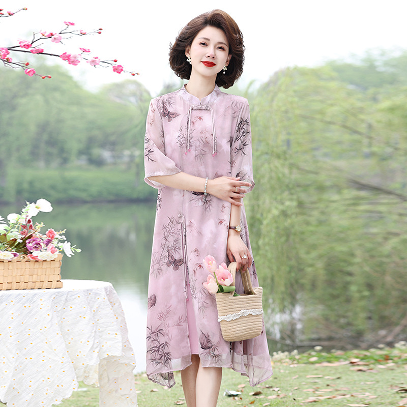 👗Váy dành cho mẹ thanh lịch mới Trung Quốc Đầm voan in họa tiết lỏng thời trang Chân váy dài mùa hè 