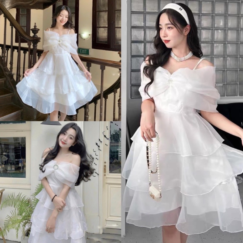 Váy công chúa tay nơ trễ vai xoè 3 tầng chất voan tơ màu trắng, đầm babydoll nữ đi chơi dự tiệc đám cưới kỷ yếu hàn quốc, AMEE2 STORE