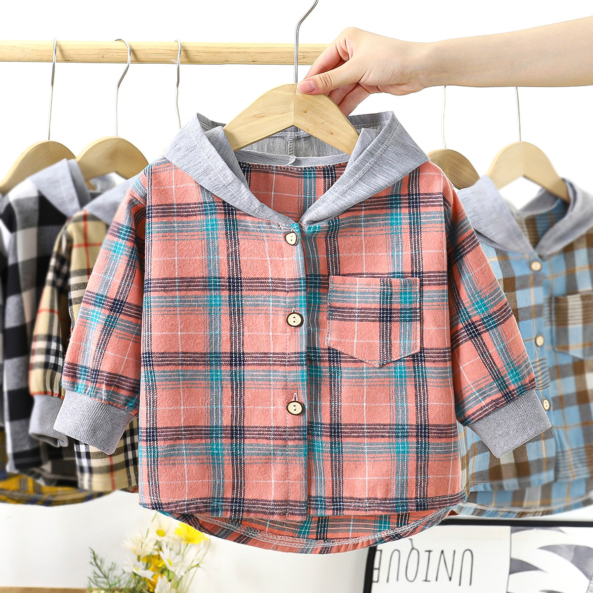 1-9-16 Years Old Baby Boys Long Sleeves Hooded Plaid Shirt Casual Undershirt Loose Coat Fashion
