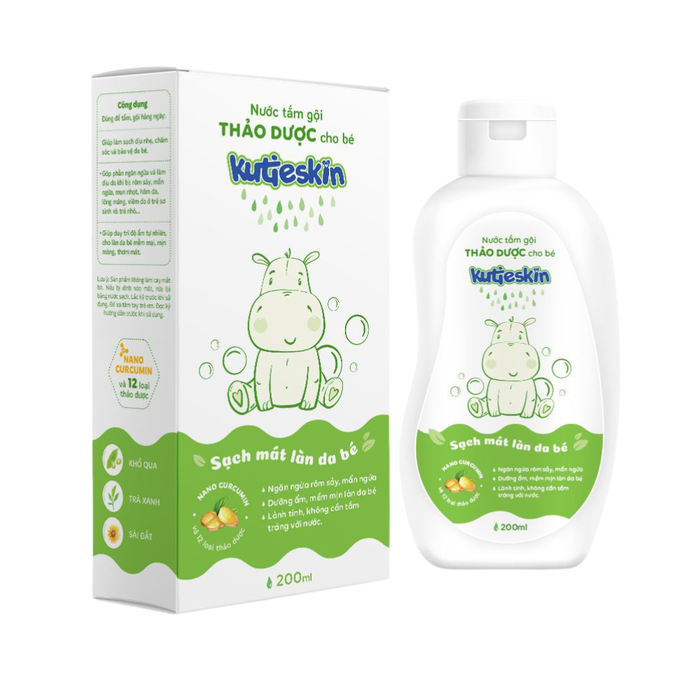 Nước Tắm Gội Thảo Dược Kutieskin Tắm Gội Cho Bé Sơ Sinh Làm Sạch Dịu Nhẹ Dưỡng Ẩm Chai 200ml - Bibo Mart
