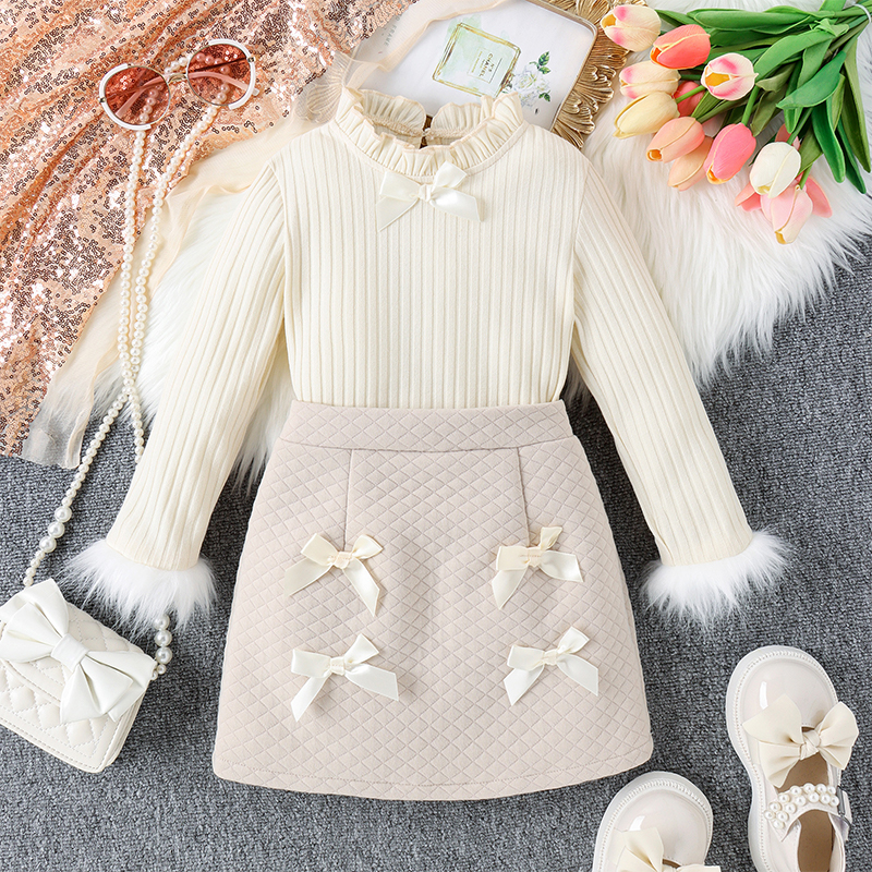 【Forever CY baby】trang phục mùa thu cho bé gái trẻ em trang phục cổ áo có gân xếp nếp trang trí sang trọng Tay áo dài áo và váy mini nơ 2 món Bộ quần áo