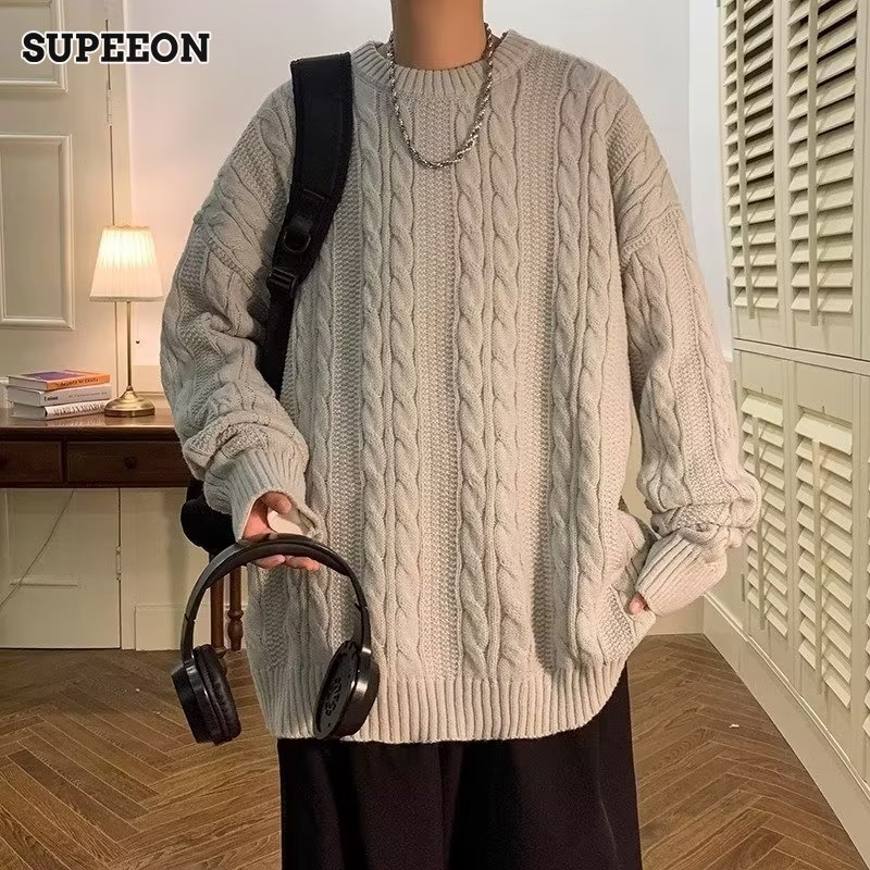SUPEEON Men s retro round neck loose twist sweater Solid color thin warm