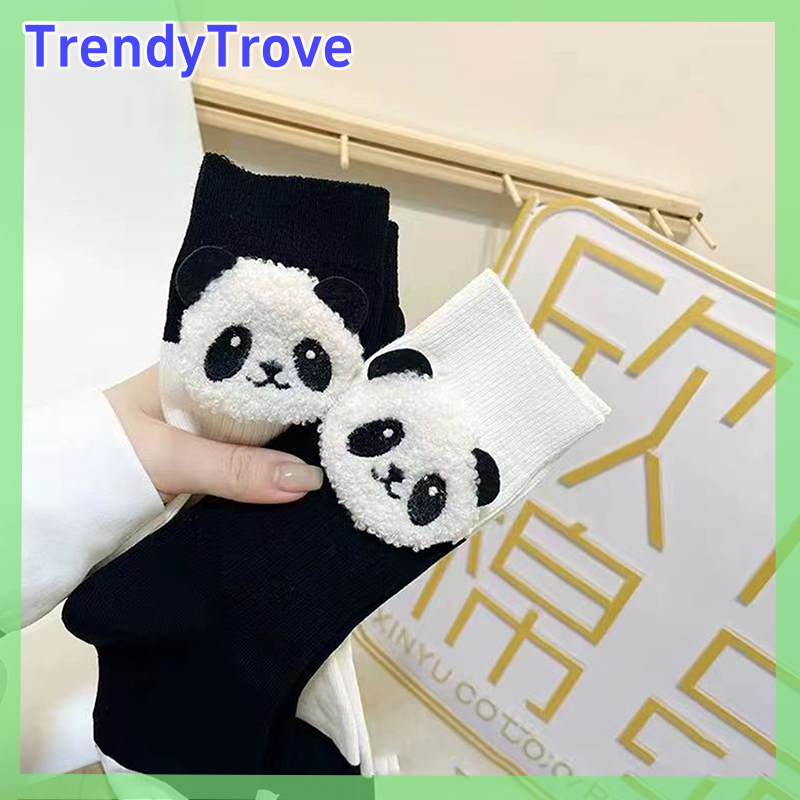 TrendyTroveE Tinh Khiết Cotton Dễ Thương Vớ Thiết Kế Gấu Trúc Phụ Nữ Vớ Kawaii Vui Màu Đen Trắng Giữa Ống Vớ
