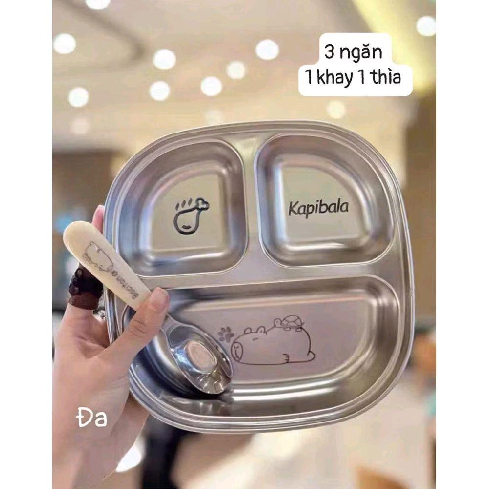 Khay ăn dặm 3 ngăn inox 304 cho bé, đĩa ăn hoạt hình bằng thép không gỉ 3 ngăn kèm thìa cute cho bé