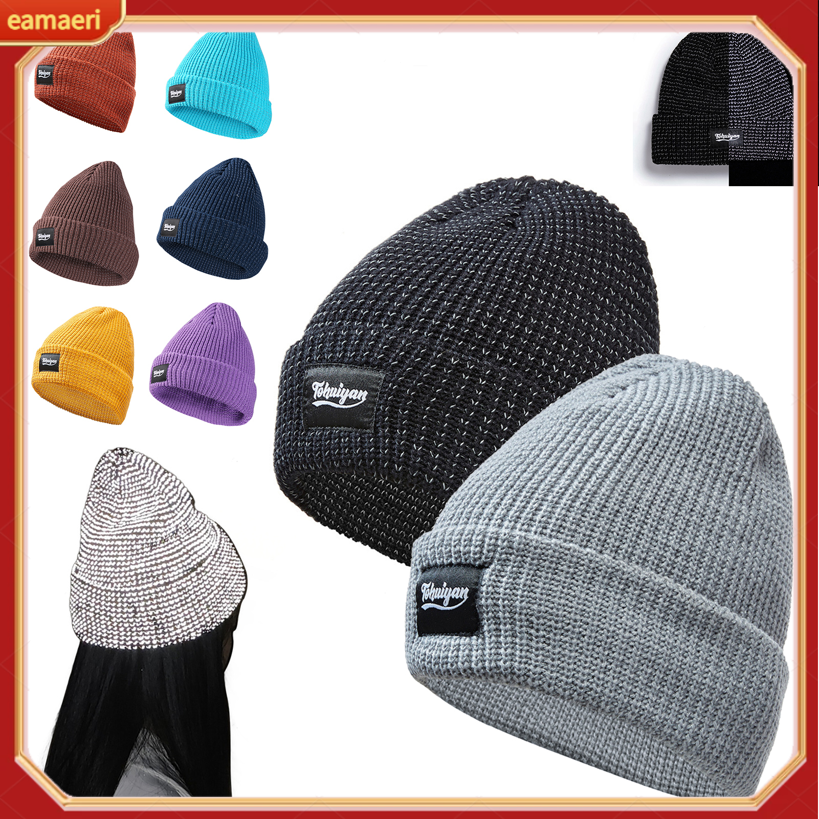 Knitted Reflective Hat Windproof High Elasticity Dome Hip Hop Street Style Night Jogging Warning Cap Winter Keep Warm Headwear for Runners Cyclists ราคา 287 บาท*ส่งฟรี