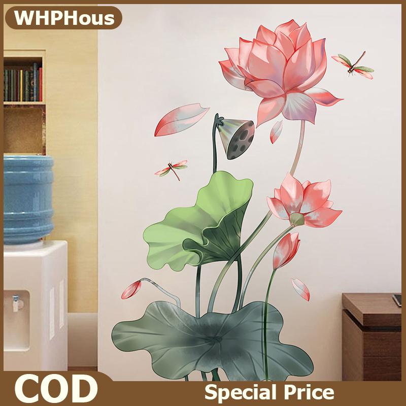 WHPHous สติกเกอร์ติดผนังรูปดอกบัวแมลงปอสำหรับตกแต่งห้องนอนพื้นหลังผนังห้องนั่งเล่น