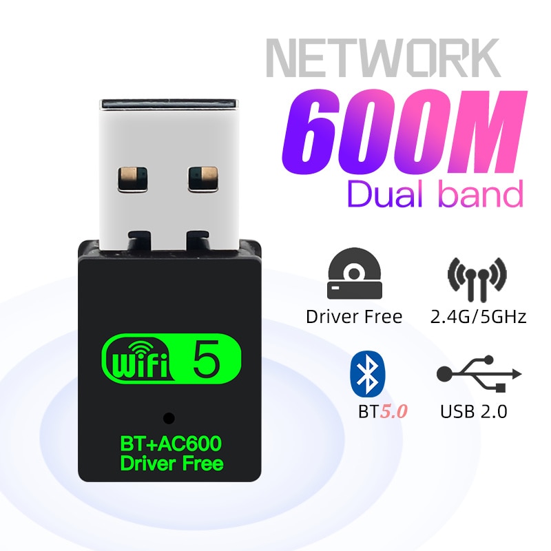 600mbps usb wifi bluetooth 5.0 adapter 2in1 dongle băng tần kép 2.4g & 5ghz usb wifi 5 mạng không dây wlan receiver điều khiển miễn phí