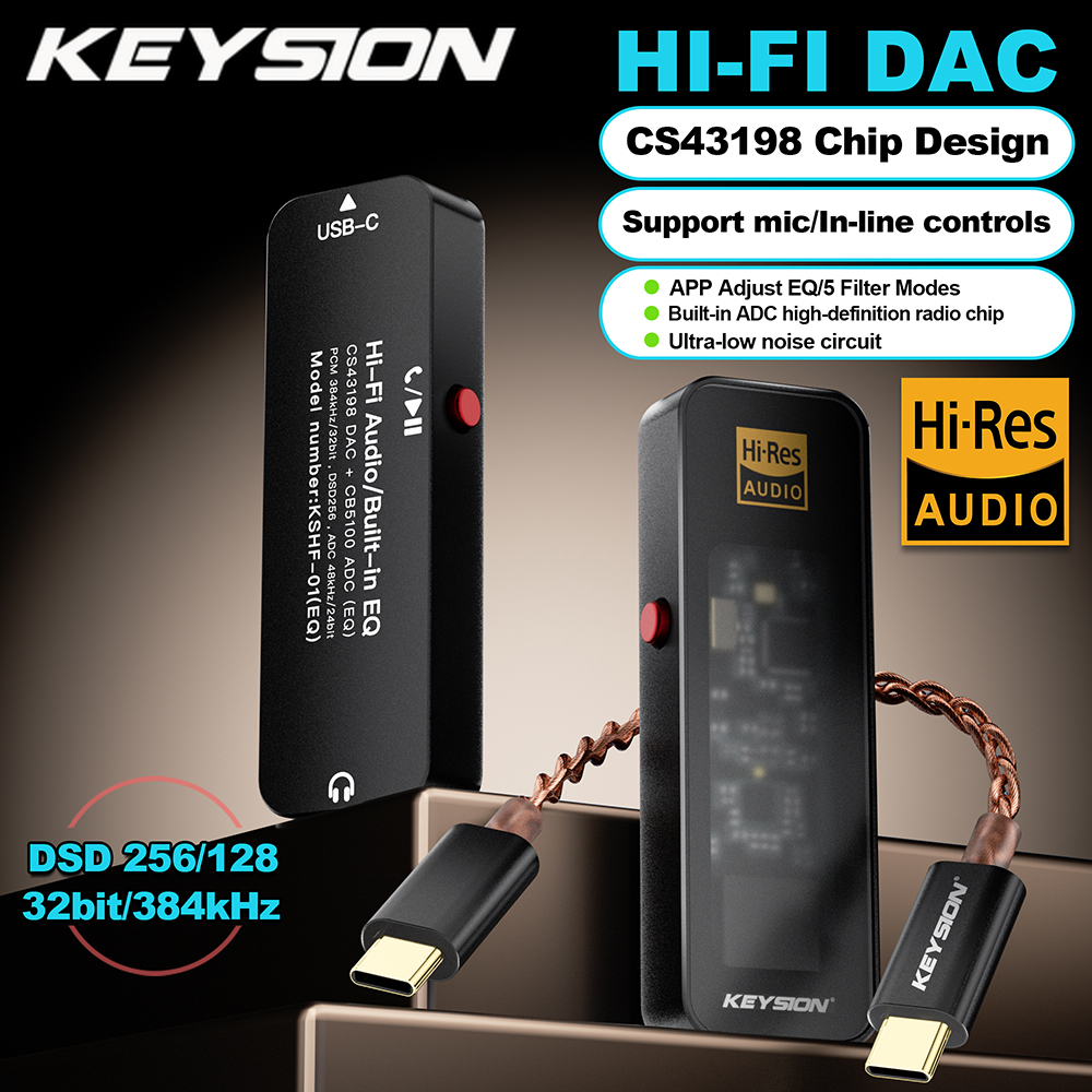 KEYSION CS43198 DSD256 384KHz USB DAC Audio HiFi Decoder ADC HD Radio Type-C to 3.5mm Headphone Amplifier for iOS Android Win 10