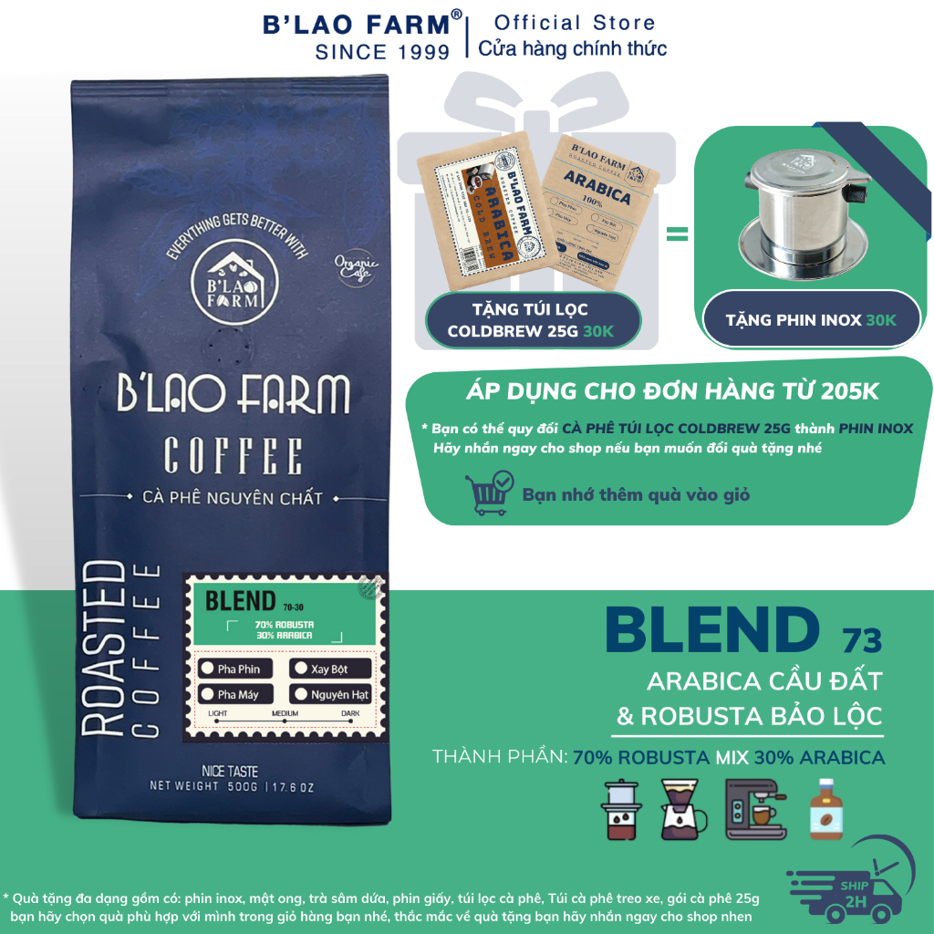 Cà phê rang xay nguyên chất Blend 70% Robusta và 30% Arabica B'lao Farm rang mộc ,gu hiện đại,không hương liệu và chất bảo quản Túi Giấy G73