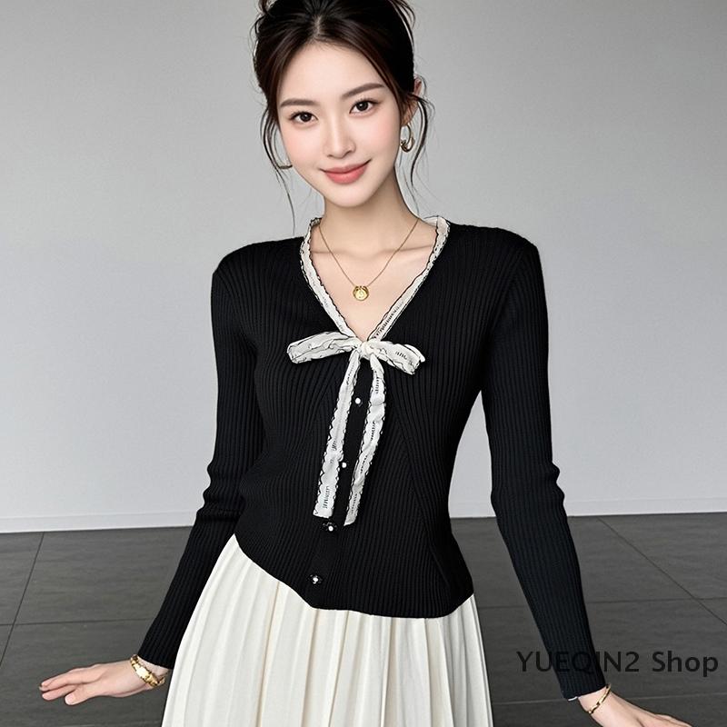 YUEQIN2 Shop Áo len dệt kim mỏng tay dài cổ chữ V có dây thắt nơ khí chất Pháp cho nữ